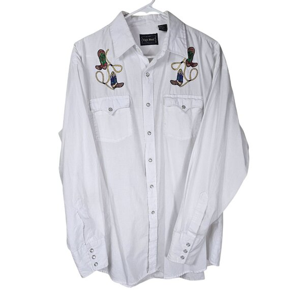 High Noon Western Pearl Snap Shirt L White Cowboy Boots & Rope Embroidered Rodeo - Picture 1 of 9